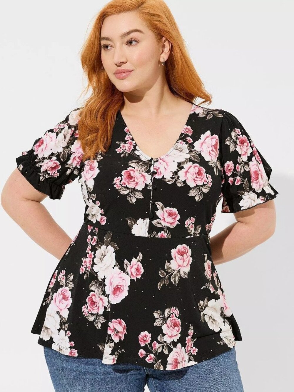 Studio Knit Babydoll Button Front Puff Sleeve Babydoll Floral Size 6X (30/32)